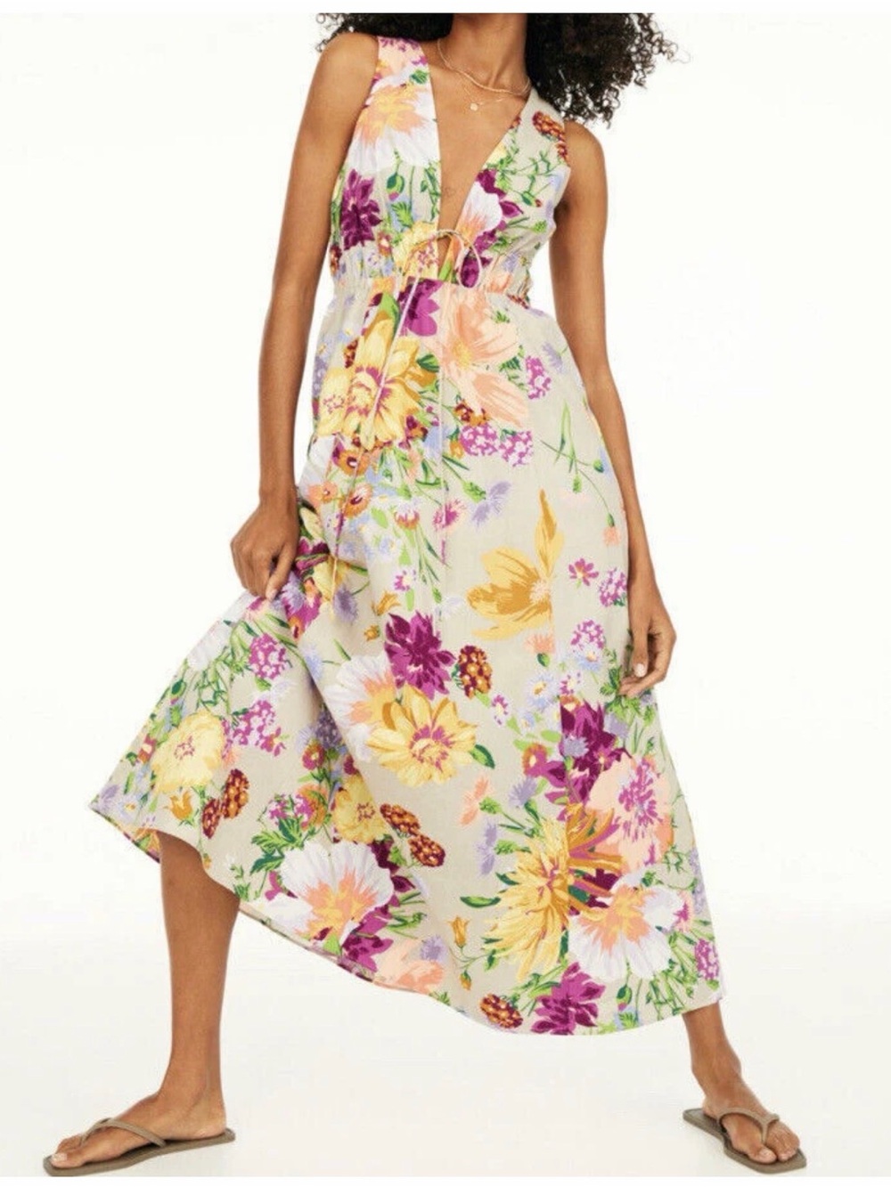 H&M Cream Linen Blend Floral Midi Dress with Purple and Yellow Accents